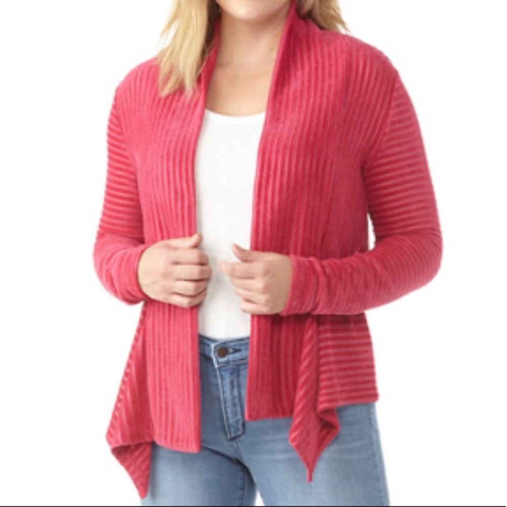 NEW Passports Draped Ribbed Knit Open Front Peplum Asymmetrical Cardigan